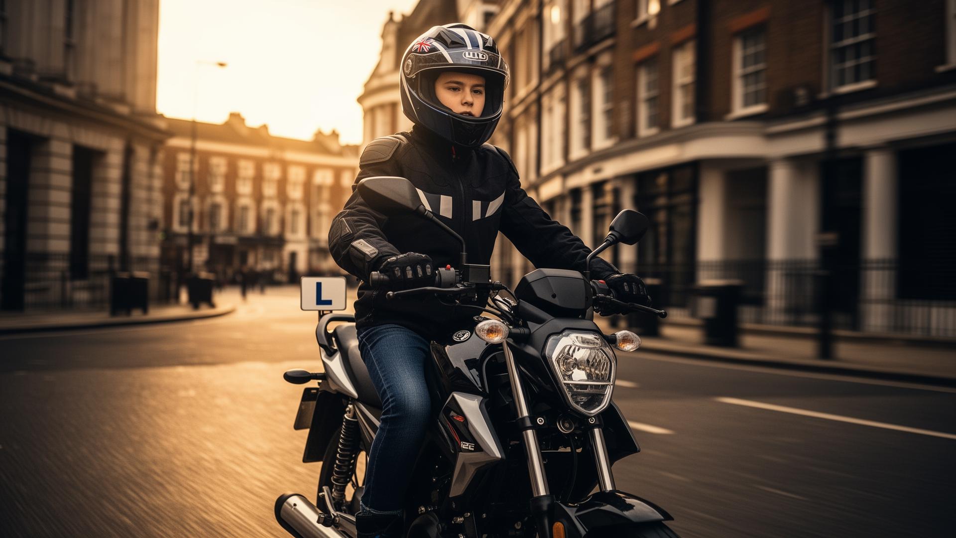 Young UK rider with L-plate on a 125cc motorcycle